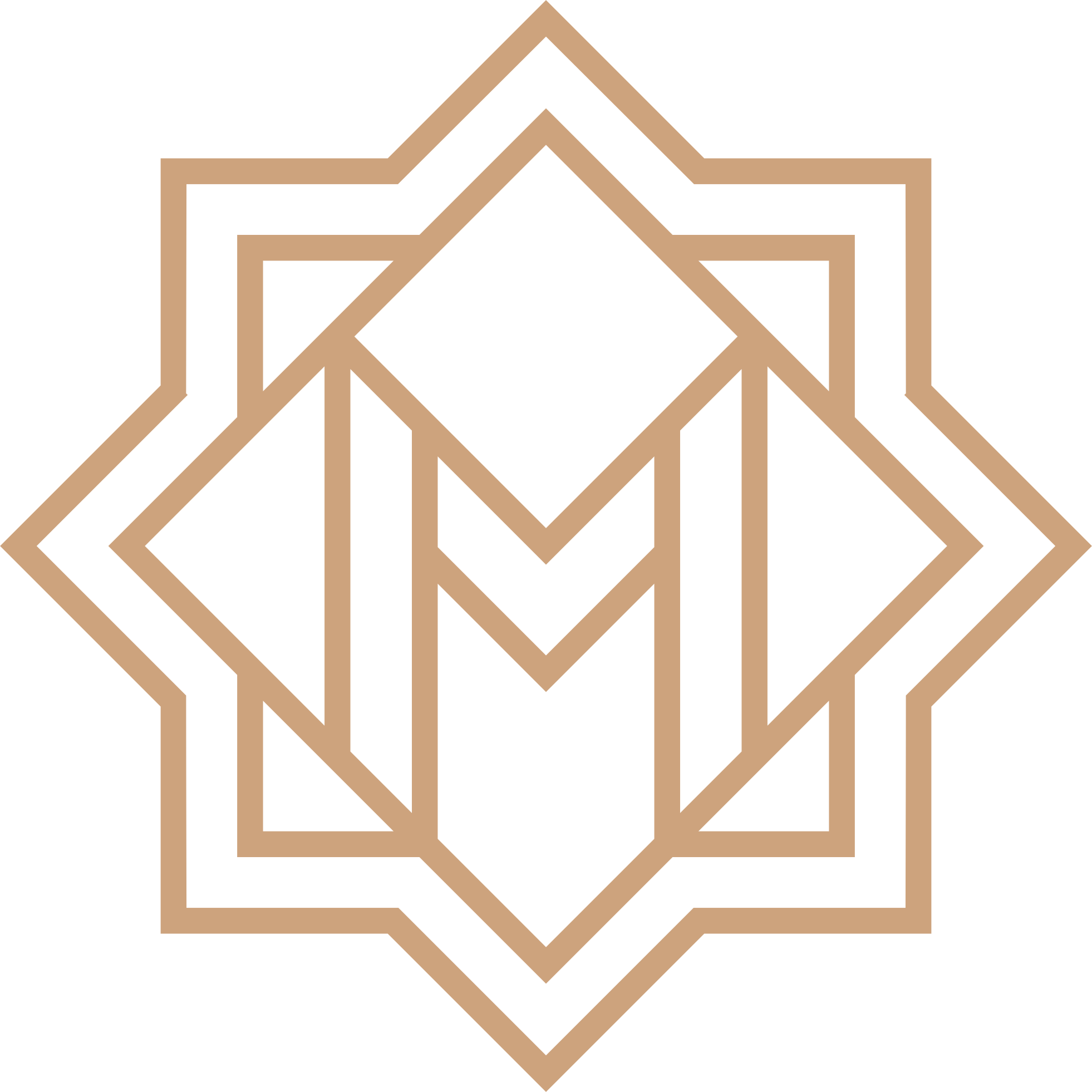 A minimalist geometric gold logo featuring a central 'M' design on a white background, representing The Mark restaurant at Walden Senior Living Community.