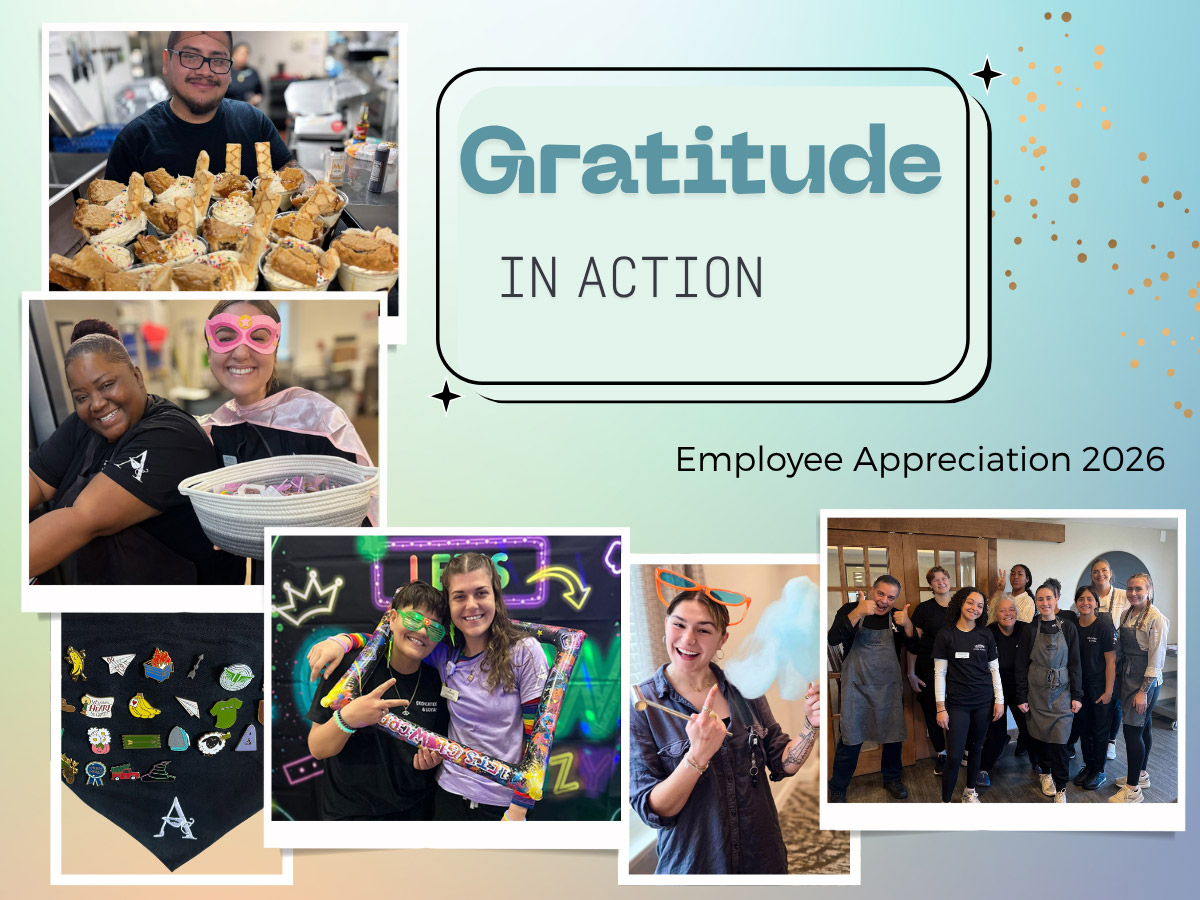 Blog cover reading “Gratitude in Action, Employee Appreciation 2026” featuring several photos of Arrow employees and an assortment of enamel pins.
